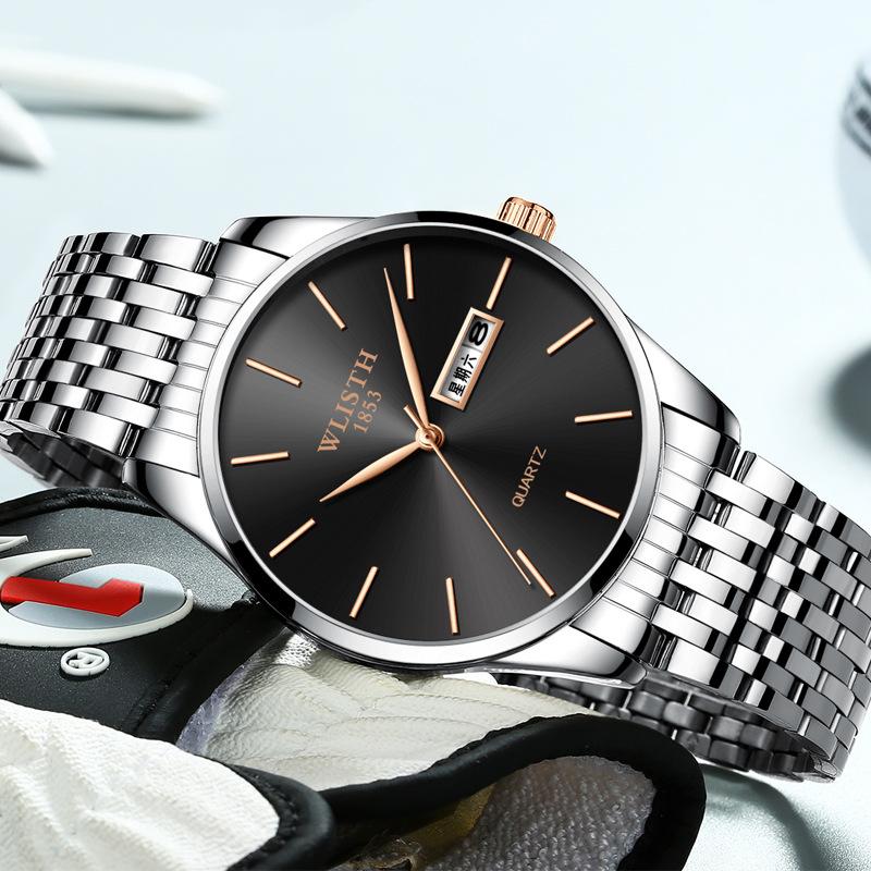 Top Brand Waterproof Quartz Double Calendar Fashion Steel Band Business Men's Wristwatch