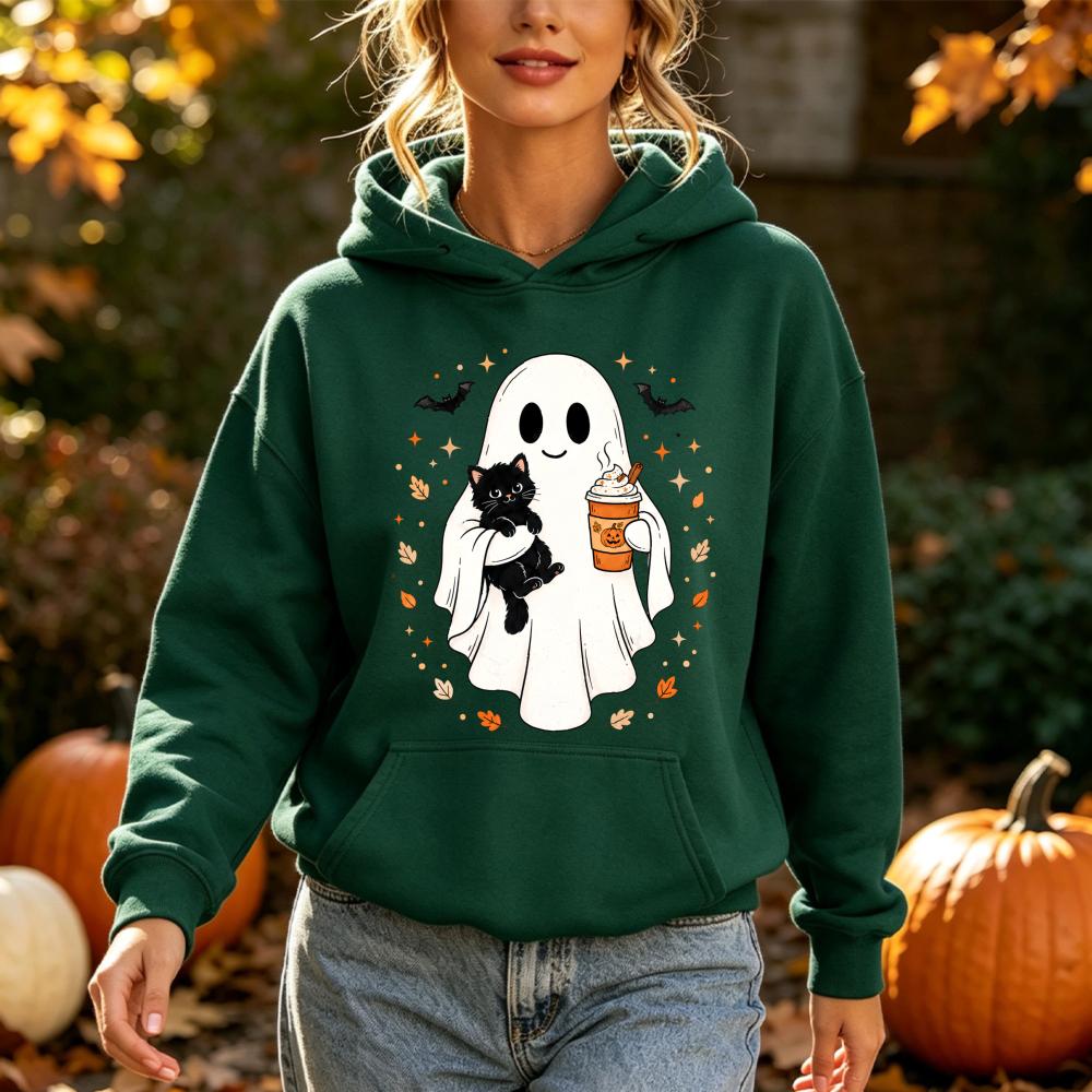 Cute Ghost Black Cat Sweatshirt Spooky Halloween Pumpkin Coffee Print Pullover Fall Winter Casual Long Sleeves Tops Unisex