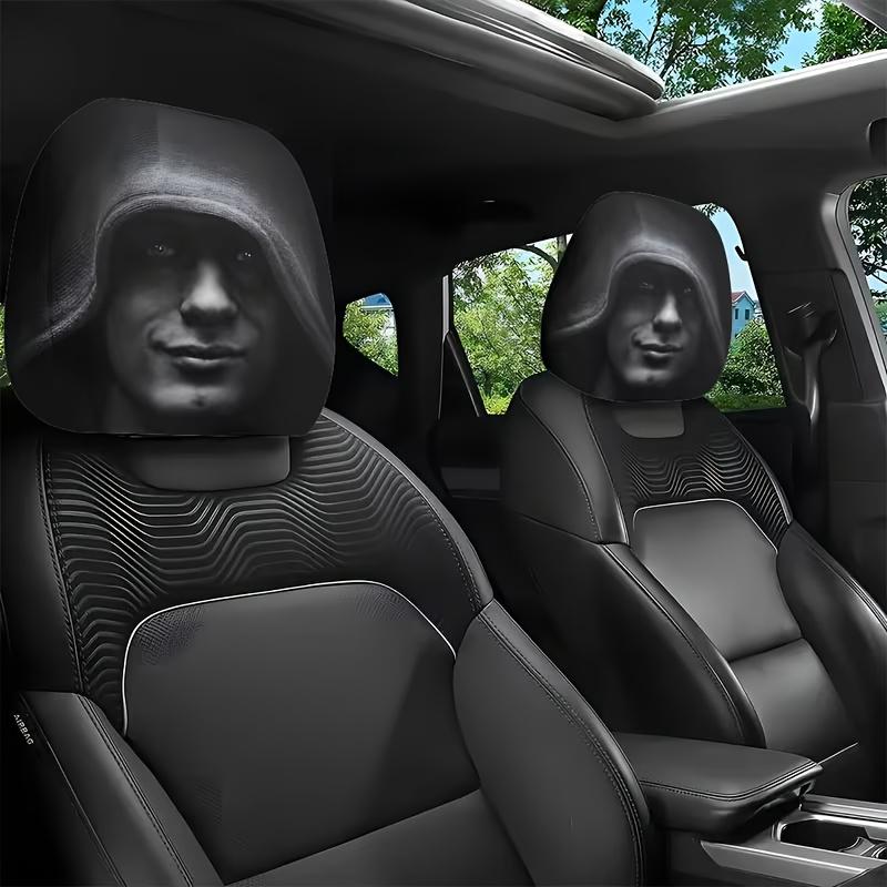 Two Black Hat Mystery Portrait Car Headrest Covers, Designed for Comfort and Elasticity, Ideal for Any Car Interior.