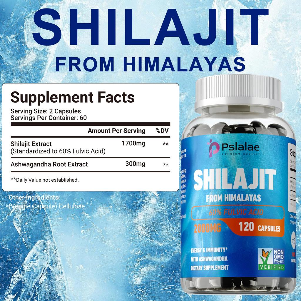 Pslalae Pure Shilajit Resin Capsules 2000mg Enhance Liver Metabolism Lowering Blood Sugar & Anti-Fatigue Energy Support for Men & Women