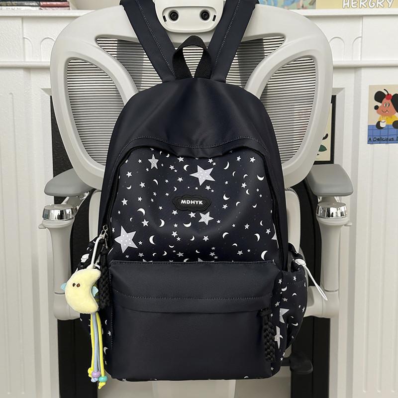 Nylon Girl Backpack With Star Print And Moon Pendant For Casual Travel