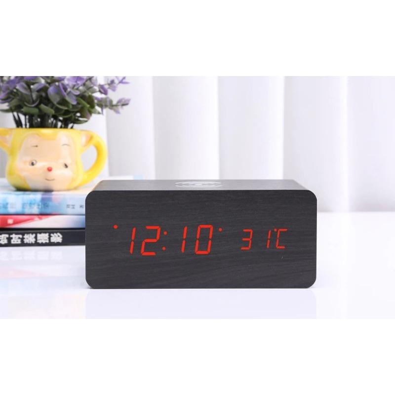 Electronic Wireless Charging Wood Clock Mobile Phone Wireless Fast Charging Electronic Digital Alarm Clock Multi Function Perpetual Calendar
