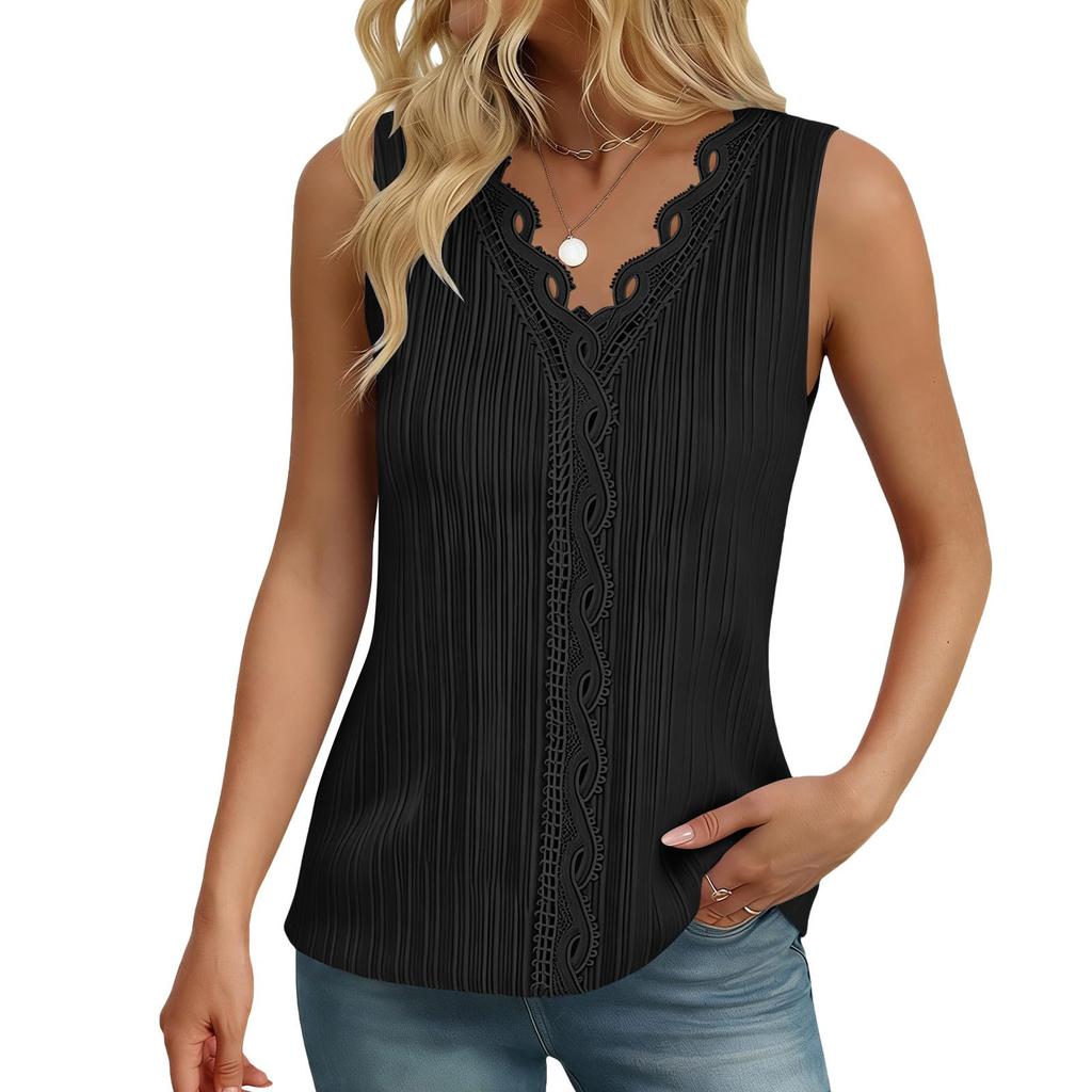 Women Loose V Neck Sleeveless Going Out Casual  Lace Trim Tank Tops