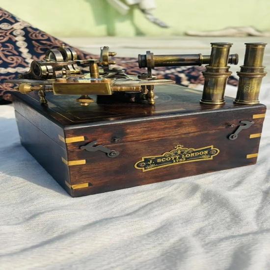12.7 cm Brass Compass Sextant with Wooden Case Perfect Navigational Tool for Mariners Collectors J Scott London-Brass Sextant Gift