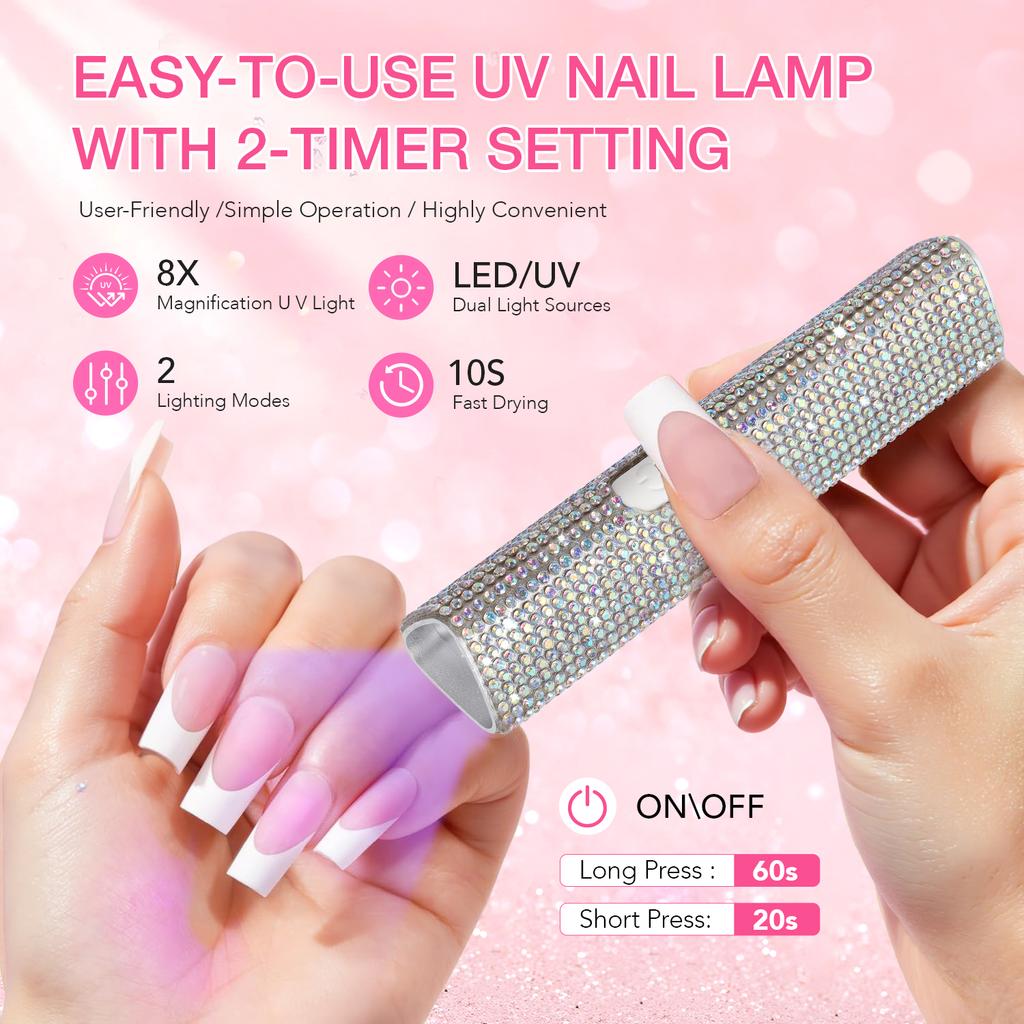 DianaBeauty Handheld UV Nail Lamp Portable Mini Nail Dryer with Rhinestone Manicure Lamp with Two Timer Settings Nail Tools