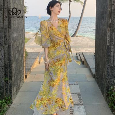 Women Yellow French Style Floral Print Wrap Long Dress Elegantes Evening Dress