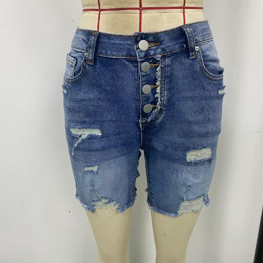 Women Summer Denim Shorts Ripped Hole High Waist Button Stretch Jean Short Pants