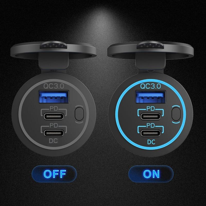 12V USB Socket Panel Quick Charge 3.0 Dual PD USB Car Charger Socket Outlet Cigarette Lighter Adapter for Car Boat RV Motorcycle
