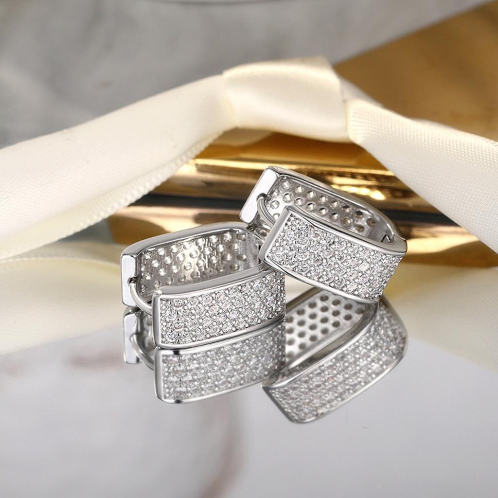 Pave Set Sparkling Huggie Hoop Earrings for Women Elegant Square Shaped Silver Tone Earrings Fashion Daily Party Jewelry