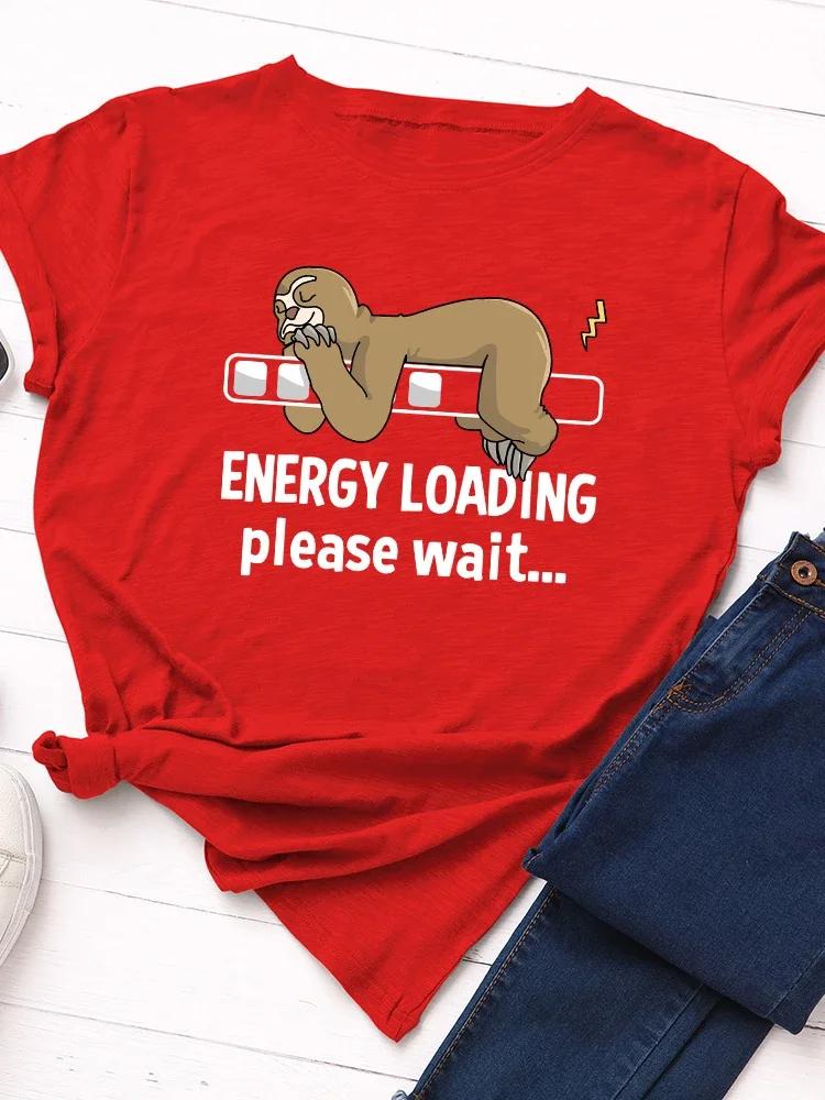 Energy Loading Sloth Print Women T Shirt Short Sleeve O Neck Loose Women Tshirt Ladies Tee Shirt Tops Clothes Camisetas Mujer