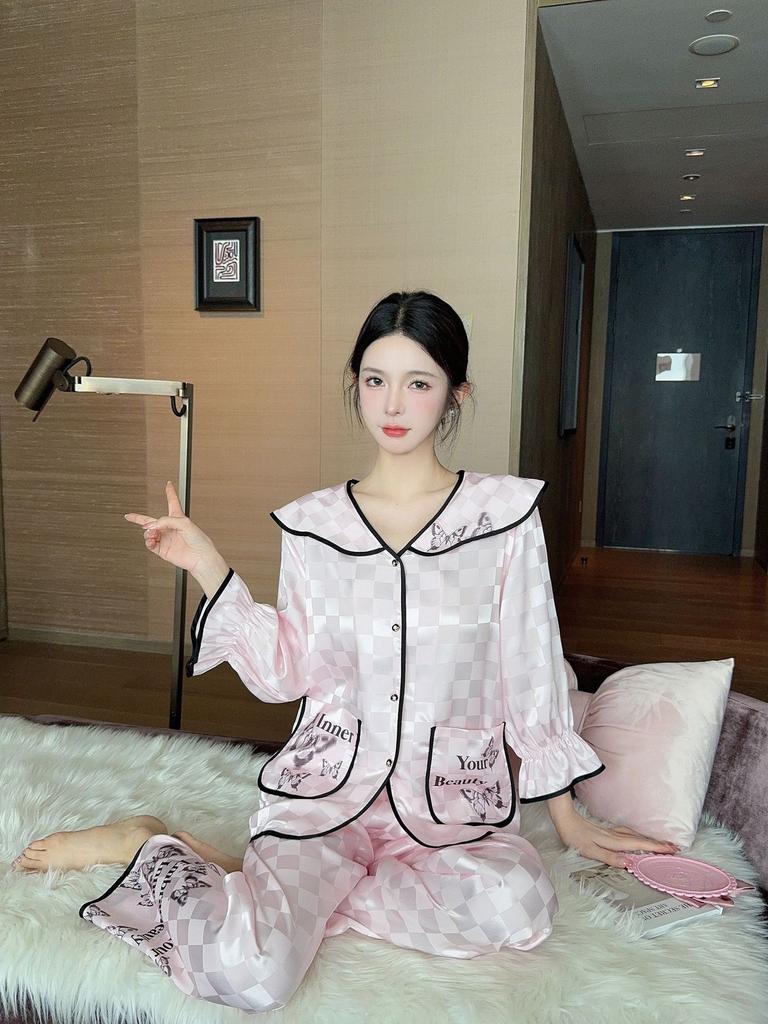 Ice silk jacquard autumn new pajamas women's high-end bow long-sleeved court style girl home clothes Xiaoxiangfeng