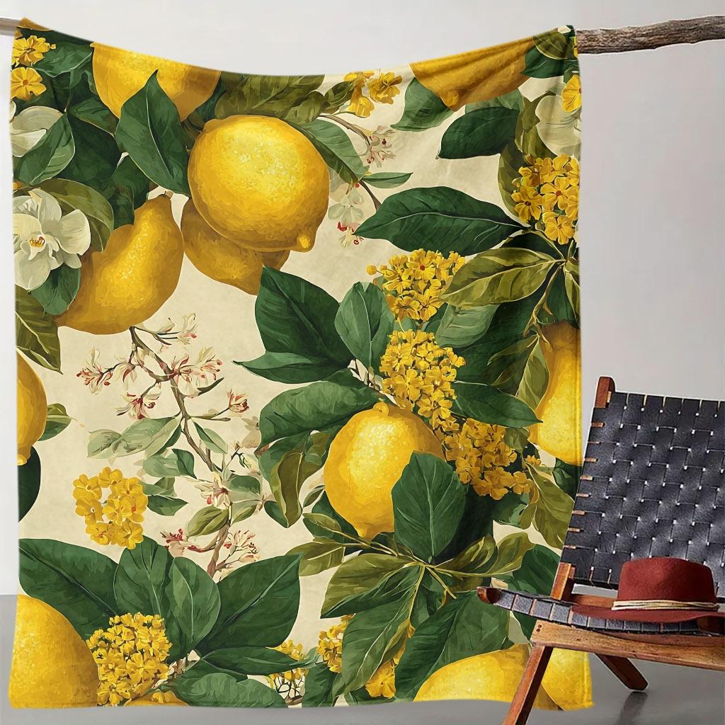 Elegant Italian Lemon Blanket Warm Soft Bedspread Couch Throw Blanket Classic Blue Floral Room Decor Gift For Women Men New