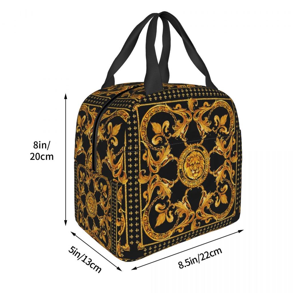 Golden Lion Baroque Pattern Insulated Lunch Bag for Women Kids Portable Food Boxes Thermal Lunch Box Tote