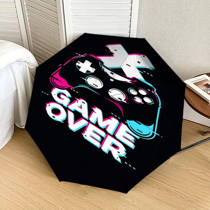 Game Over Video Game Controller Glitch Effect Automatic Opening Folding Umbrella with 8-Bone Iron Frame - Portable Design for Outdoor Use, F