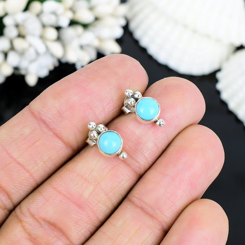 Solid 925 Sterling Silver Round Turquoise Minimalist Stud Earrings Gift For Her Designer Boho Earrings