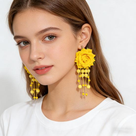 Women Boho Flower Earrings Lightweight Fabric Yellow Flower Ear Studs Holiday Earrings for Parties Beach Summer Vacation