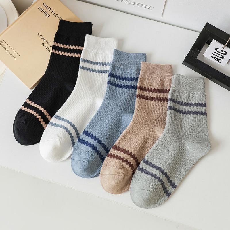 

5/10 Pairs Men s Double Needle Jacquard Stripe Mid Calf Socks Autumn Combed Cotton Socks Comfortable 10 Pairs
