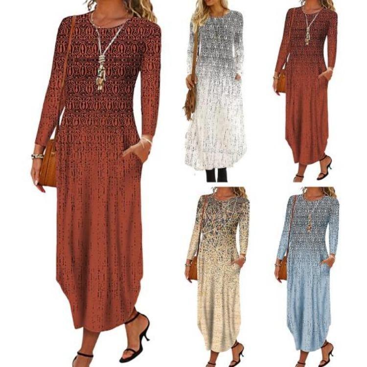 Long Sleeve Maxi Dress with Pockets Women Loose A Line O Neck Printing Dress for Dating Commuting Spring Fall Irregular Hem