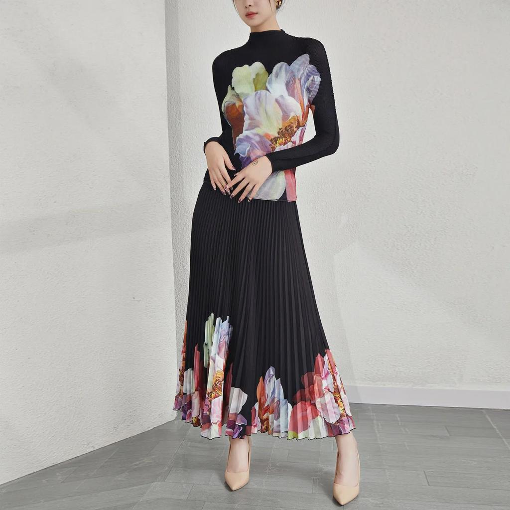 Women's Pleated Floral Two-Piece: Stand Collar Long Sleeve T-Shirt and Skirt