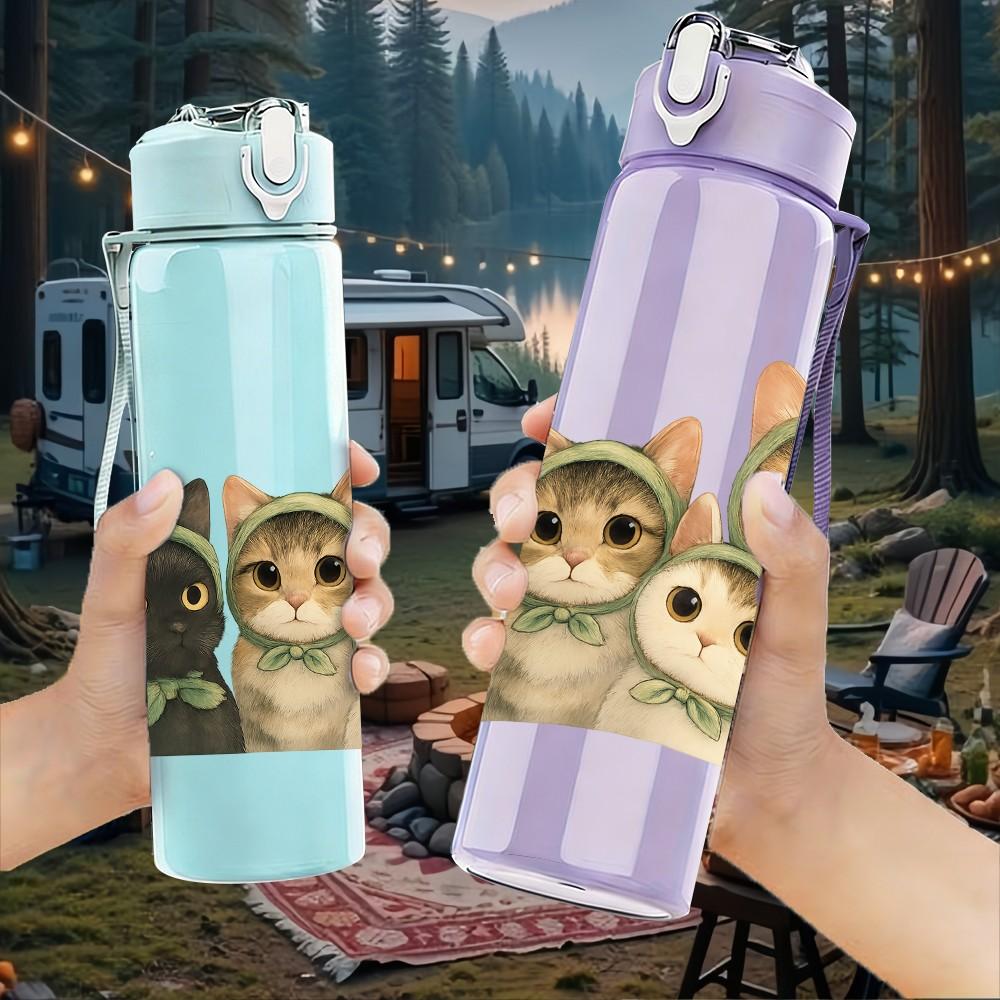 1PC Three Cat Family Portrait 750ml Color Plastic Sports Water Bottle Leakproof Flip Straw Lid Suitable for Sports Office Home Use