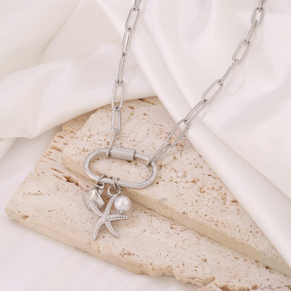 Paperclip Charm Necklace for Women, Gold Chunky Charm Necklaces Starfish Seashell Jewelry Charms Boho Gift Minimalism Metallic Style