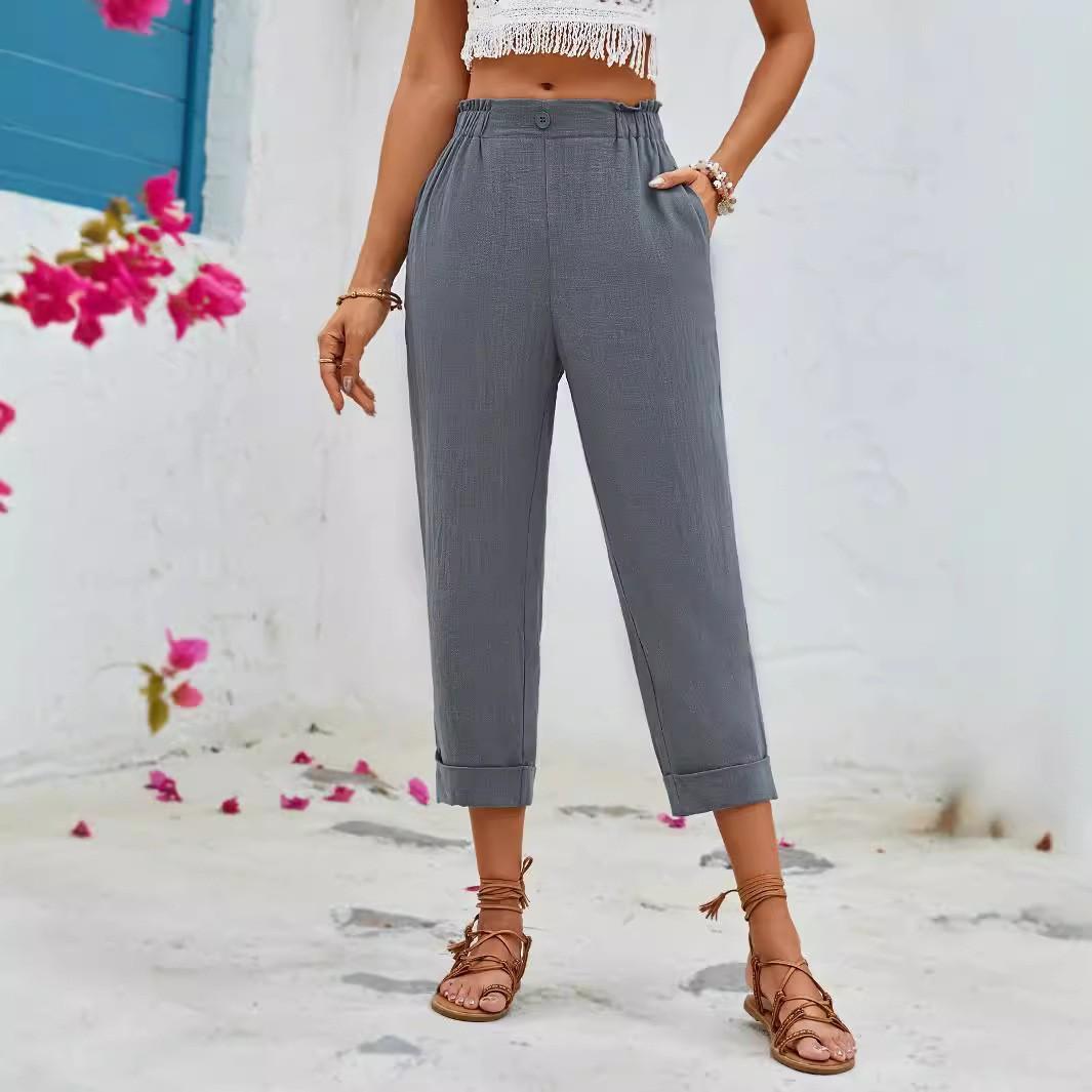European and American summer women s pants, elegant holiday style elastic waist pocket loose high waist women s seven-point wide-leg pants S серый