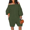 Plus Size Womens Casual  Elastic One Line Shoulder Pockets  Nine-point Cuff  Shorts Jumpsuits Wide Shorts Rompers