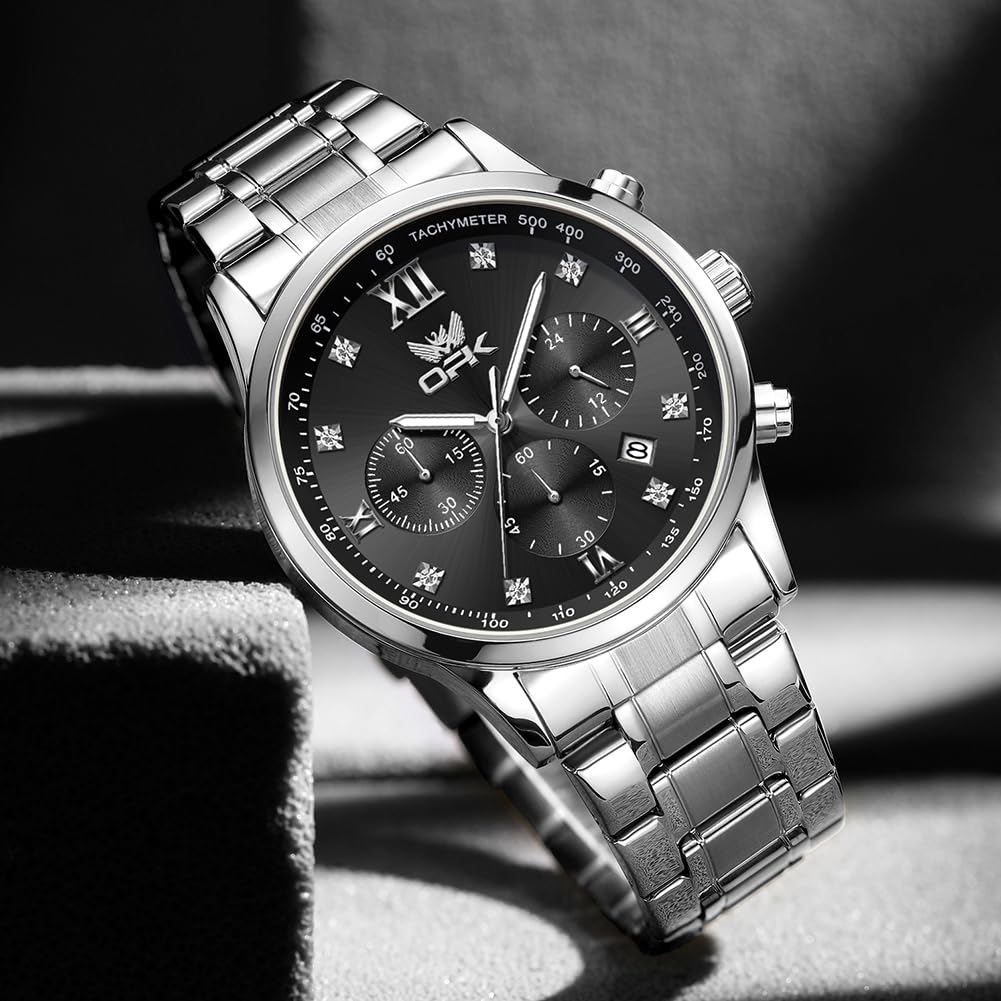 OPK Quartz Watch with Date Luminous Classic Stainless for School or Office Men's Display, Waterproof, Dial, Stylish, Design, Multi-Function, Steel,