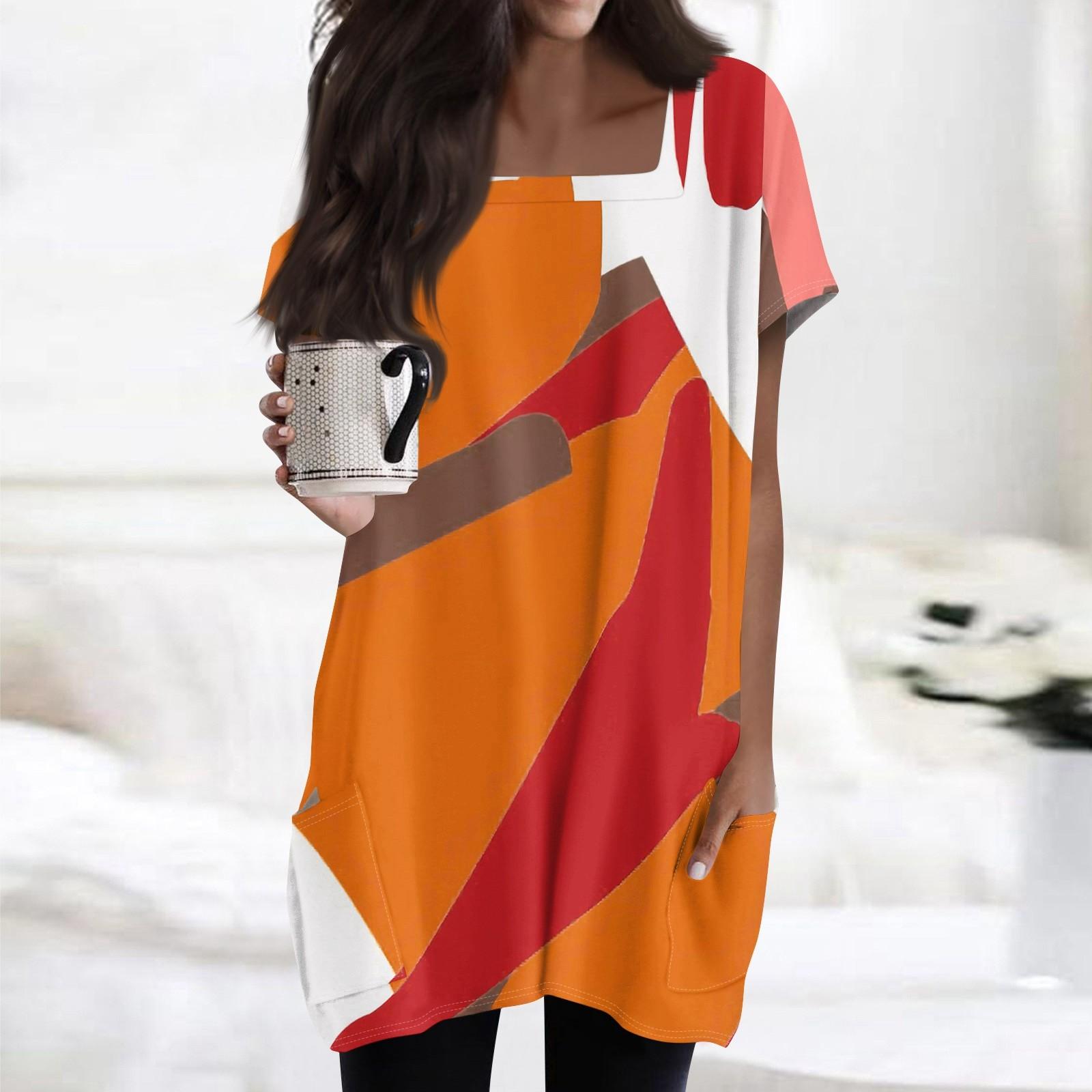 

Женские топы с квадратным воротником, короткие рукава, блузки, повседневные рубашки средней длины, модные туники с принтом и карманами XXL