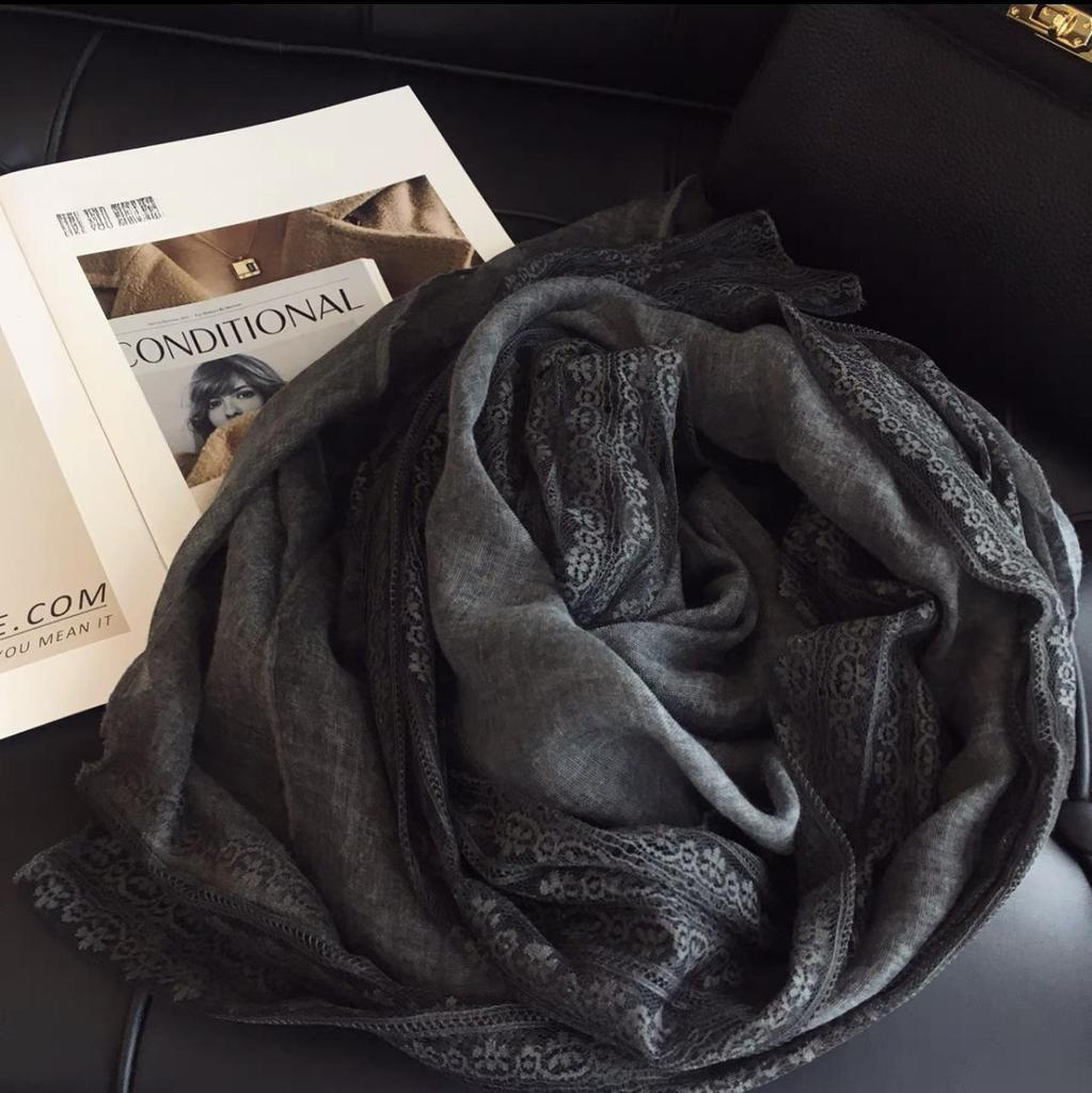 180*90cm Cotton Linen Fashion Scarf with Lace Trim, Four Season Scarf Shawl Beach Gauze,Long Lightweight Travel scarf