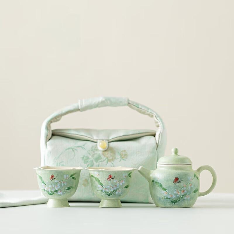 New Castle Oncidium Ceramic Travel Tea Set with Cloth Bag