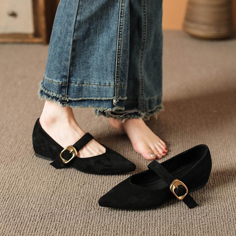 2025 Low Heeled  Women Pumps One Word Buckle Strap Design Solid  Female Shallow Mouth Pointed Toe Comfy Low Heeled Shoes