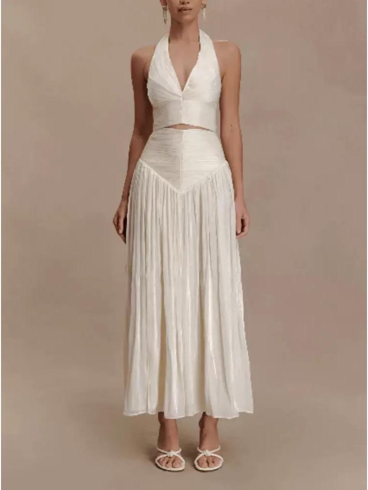 European Summer Formal V-Neck Spaghetti Strap Dress with Button Details