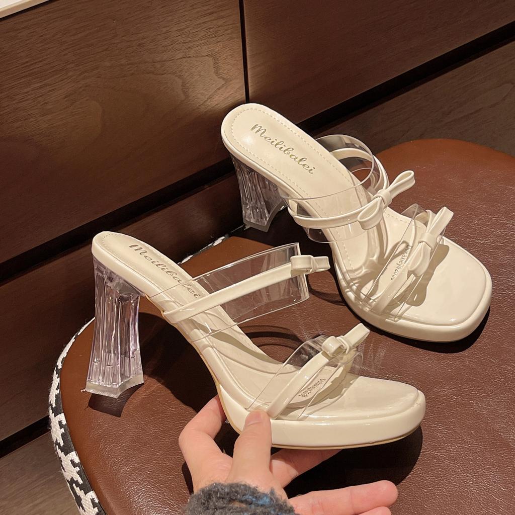 Summer Crystal Transparent and Breathable Two Wear Cool Slippers Women Wear Fashion Temperament Women's Medium Heel High Heels