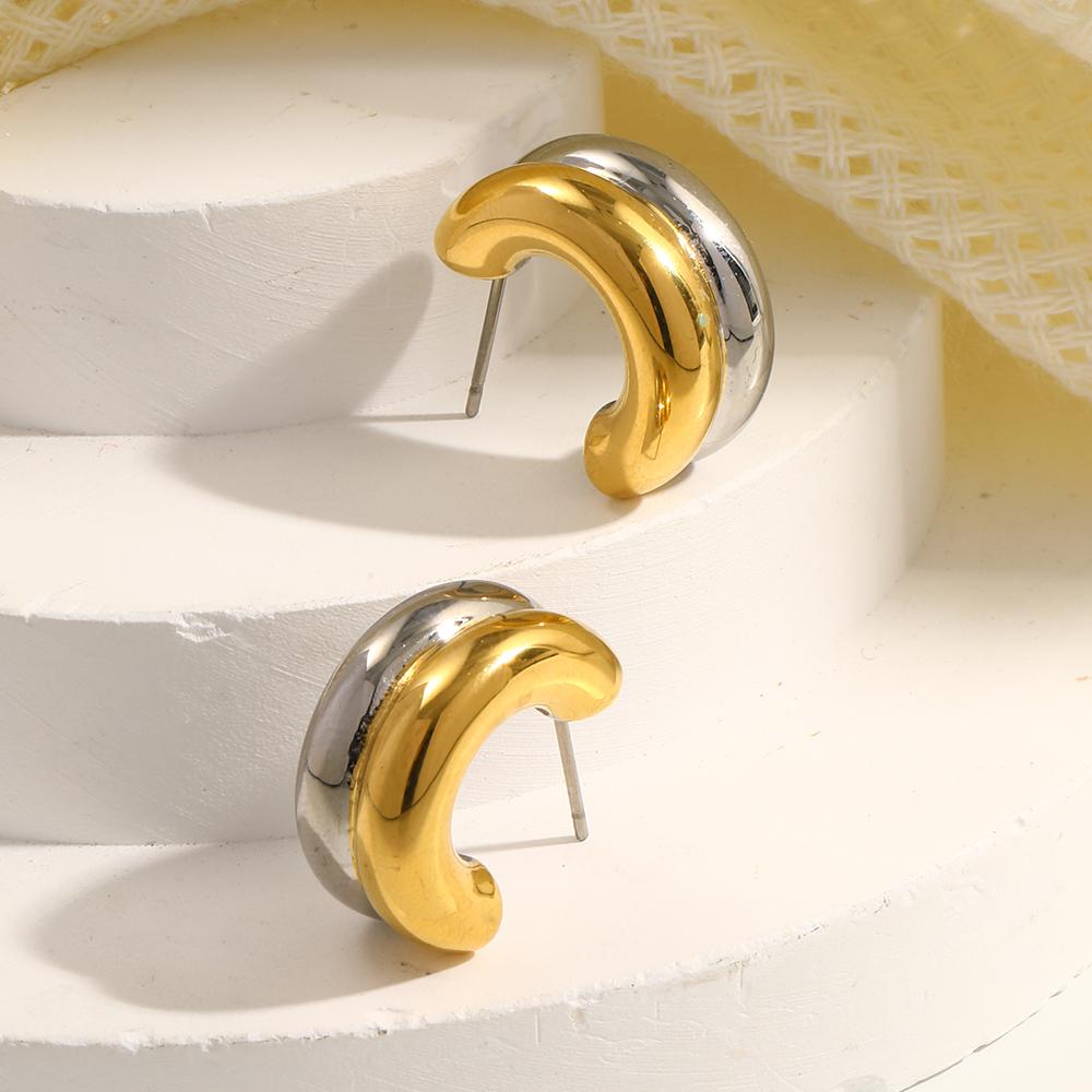 MamacitaSlay Unique Stainless Steel Two Color C-shaped Stud Earrings Party Trendy Waterproof Jewelry Women's Minimalist Gift