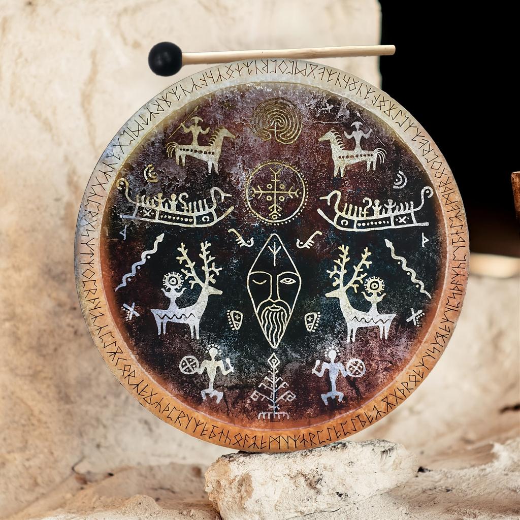 Viking Cave Drum with Handle Shamanic Rock Art Sound Healing Drum Vintage Tribal Design for Meditation Energy Healing  Gift