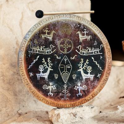 Viking Cave Drum with Handle Shamanic Rock Art Sound Healing Drum Vintage Tribal Design for Meditation Energy Healing  Gift