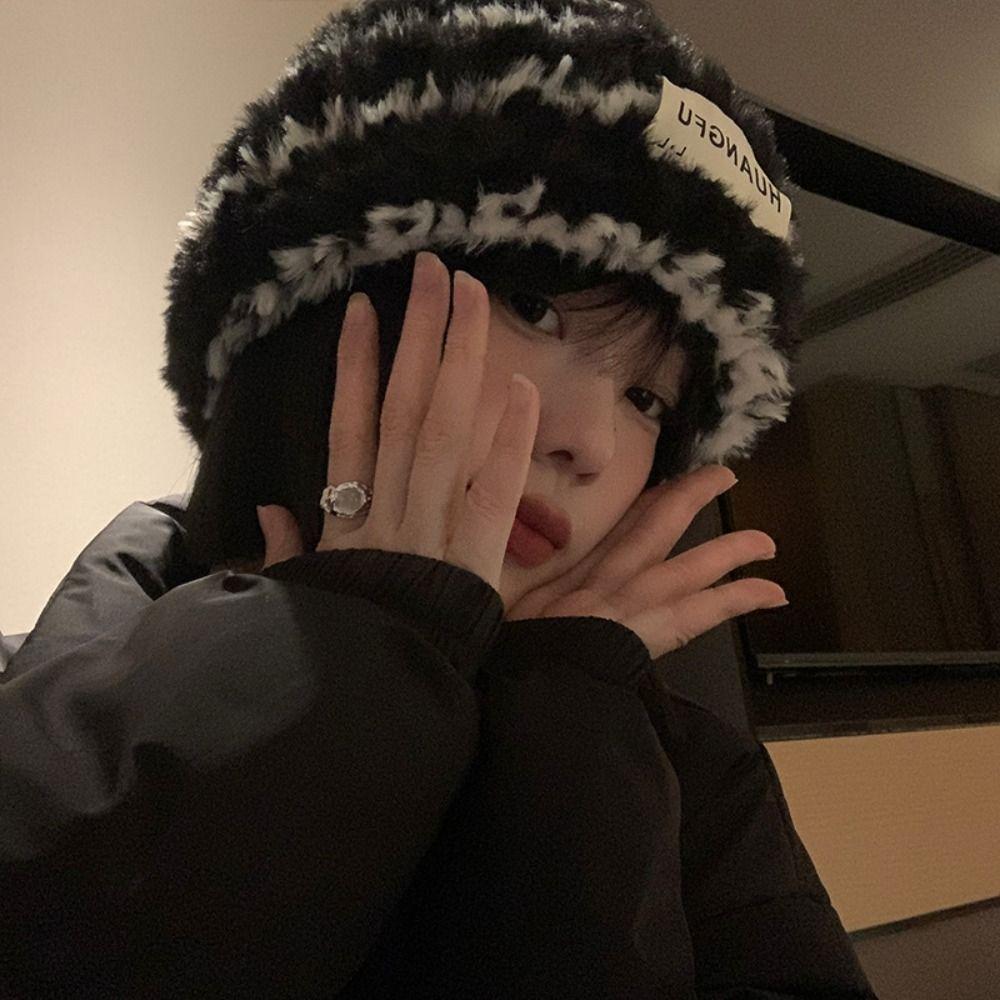 Warm Plush Pullover Hat Plush Winter Cap Fashion Stripe Hat  Safety Helmet
