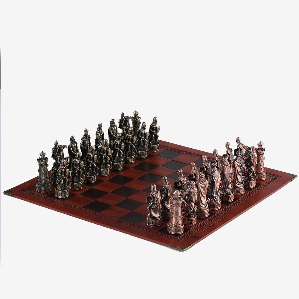 

32 Metal Themed Chess Deluxe Knight Tabletop Game Entertainment Toys Leather Chessboard Set Gift Dragon Warrior Retro Theme