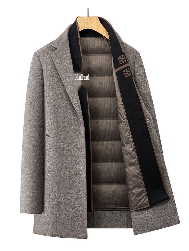 Men's Winter Wool Coat with Scarf Collar - Business Casual, Detachable Double-Sided Design, 90% Goose Down Liner