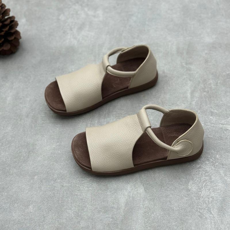 Retro Ručně vyráběné Sandály s otevřenou špičkou z pravé kůže na léto - Měkká hovězí kůže, ploché, na suchý zip, dámská obuv