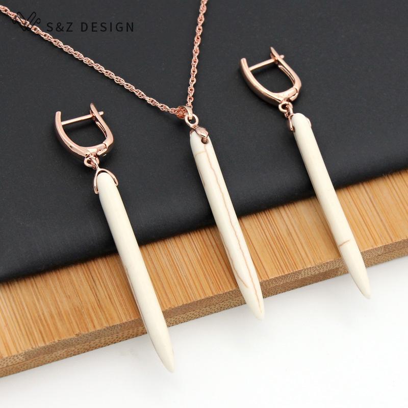 Vintage Long Synthetic Turquoises Drop Earrings Jewelry Sets For Women Rose Gold Color Pendant Necklace Gift
