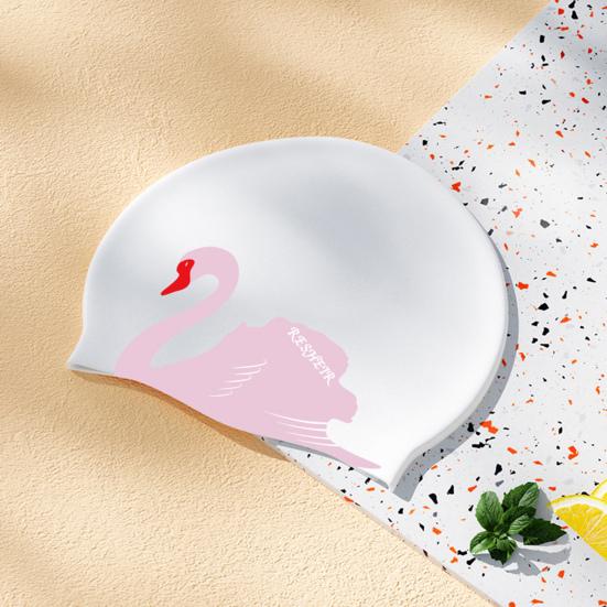 Women Swim Hat Swan Print Elastic Non-slip Ear Protection Waterproof Silicone Long Short Hair Adults Bathing Pool Swimming Hat