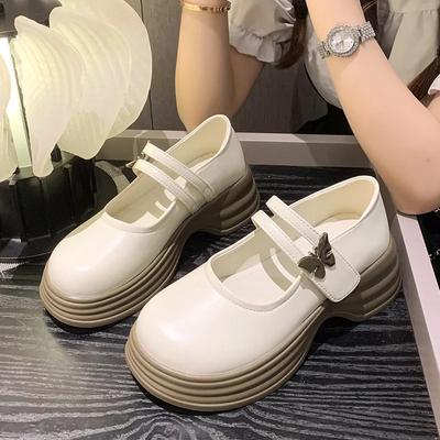 Mode Akademie Stil Lackleder Mary Janes Damen Flache Sohle Runde Spitze Süße Schmetterling Doppelknopf Dicker Absatz Lolita Schuhe