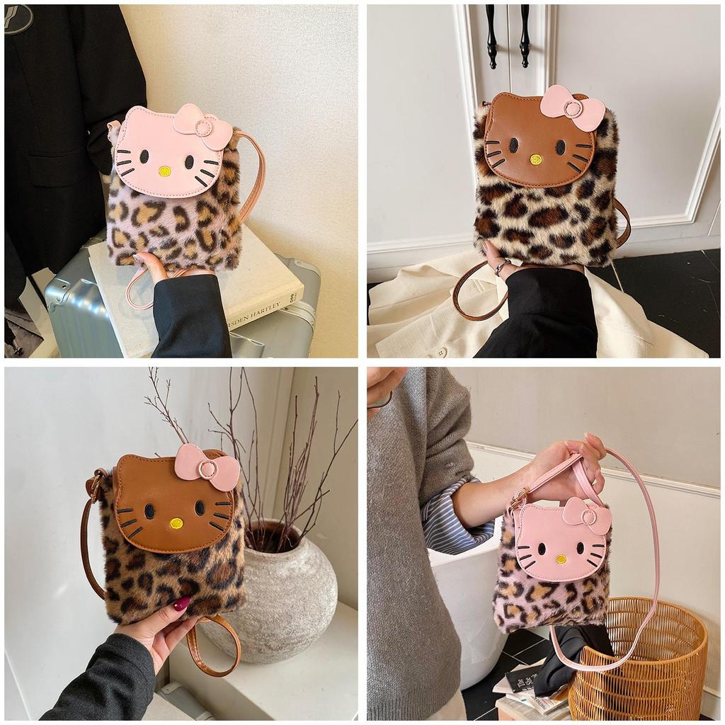 Hello Kitty Fashionable Unisex Nylon Crossbody Bag With Leopard Pattern And Inner Phone Slot For Daily Use