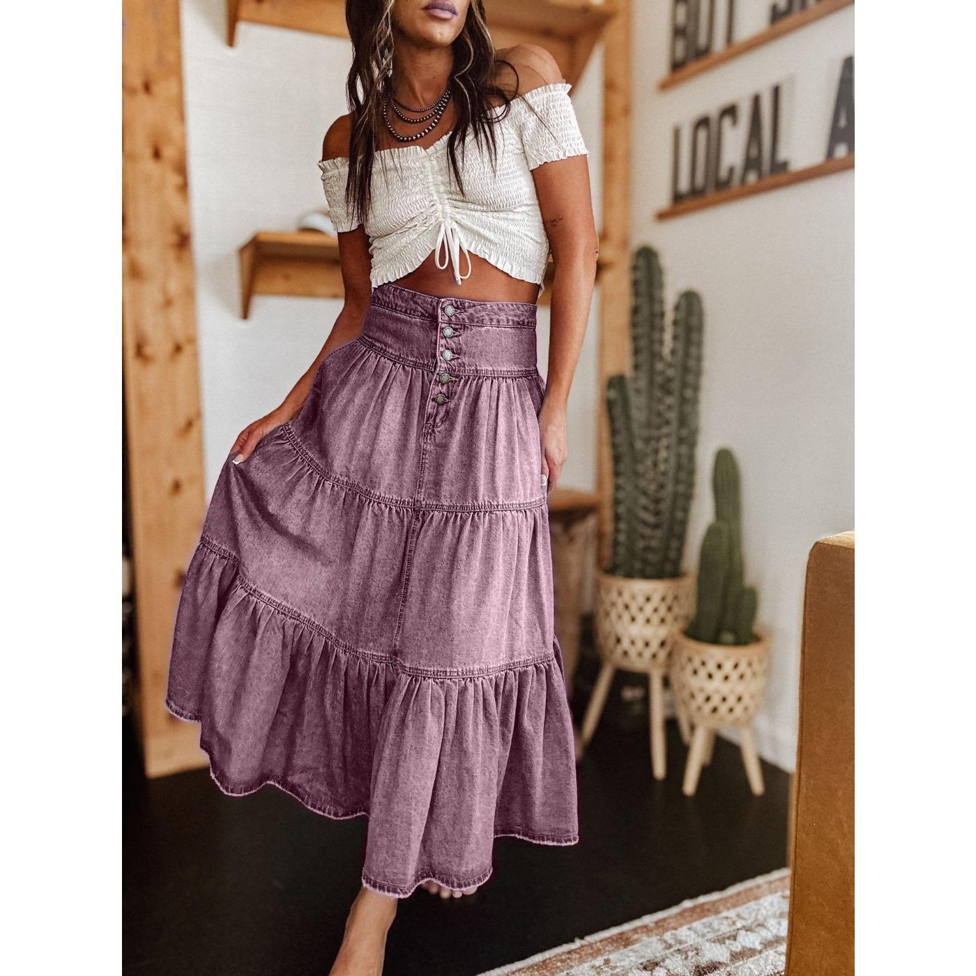 Юбка из денима в стиле бохо-трапеции с многослойным узором S