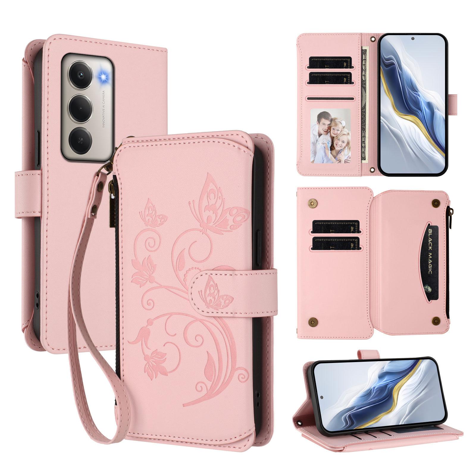 

For Xiaomi Redmi 15 5G Leather Case Butterfly Floral Imprint Zipper Wallet Stand Cover with Wrist Strap Pink
