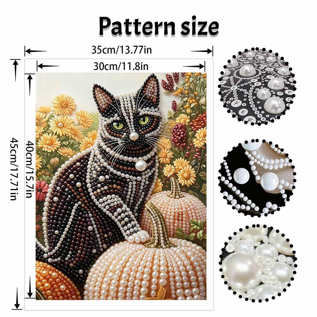 DIY rahmenloses Perlenkunst-Set Schwarze Katze Kürbis Herbstliches Blumenmuster 3D-Perlenmalerei auf Leinwand Entspannendes handgemachtes Bastelset für die Heimdekoration