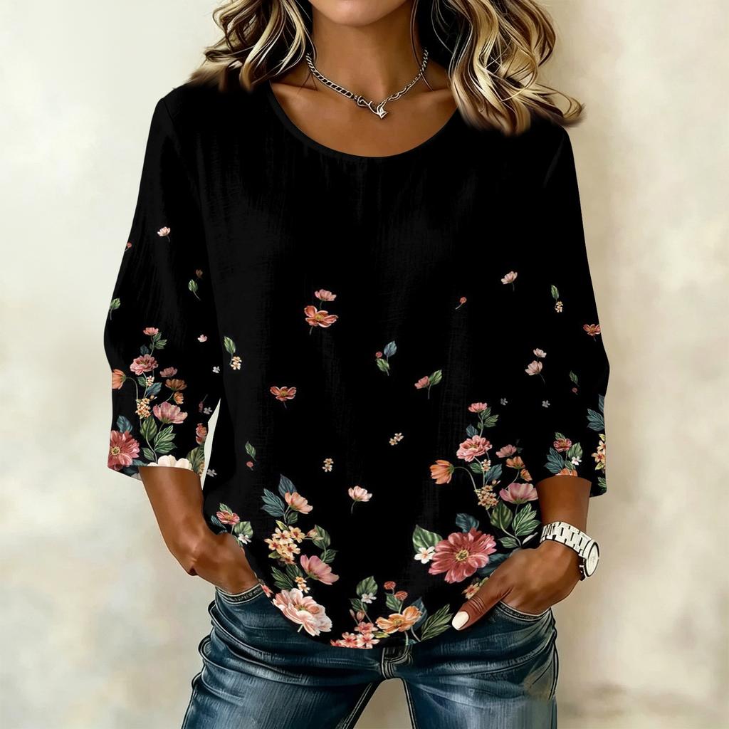 Damen Freizeitbluse mit Blumenprint, Rundhalsausschnitt, Dreiviertelärmel, Leinen-Baumwollmischung, Lockerer Schnitt, Leichtes Oberteil für den Alltag