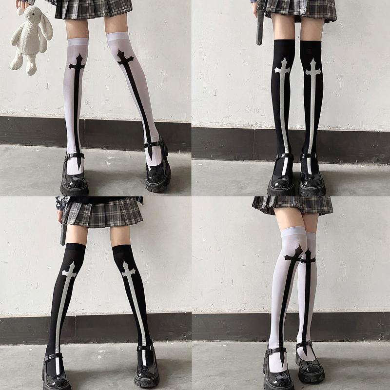 Damen Oberschenkelhohe Socken Halloween für Cross Sword Strümpfe Kniehohe Socken Atmungsaktive Baumwollsocken Gothic Kostüm Requisite